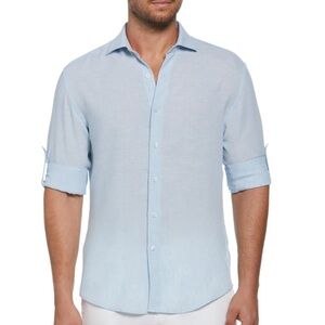 Cubavera Blue Linen Blend Casual Button Down Shirt Lightweight